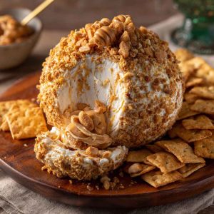 Reese’s cheese ball dessert made with peanut butter, cream cheese, and chocolate chips, rolled in crushed Reese’s candies and served with graham crackers.