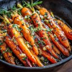 Honey garlic butter roasted carrots baked until caramelized, garnished with parsley, and served on a rustic platter.