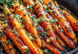 Honey garlic butter roasted carrots baked until caramelized, garnished with parsley, and served on a rustic platter.