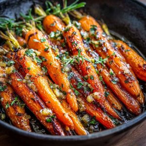 Honey garlic butter roasted carrots baked until caramelized, garnished with parsley, and served on a rustic platter.