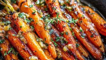 Honey garlic butter roasted carrots baked until caramelized, garnished with parsley, and served on a rustic platter.