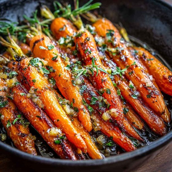 Honey garlic butter roasted carrots baked until caramelized, garnished with parsley, and served on a rustic platter.