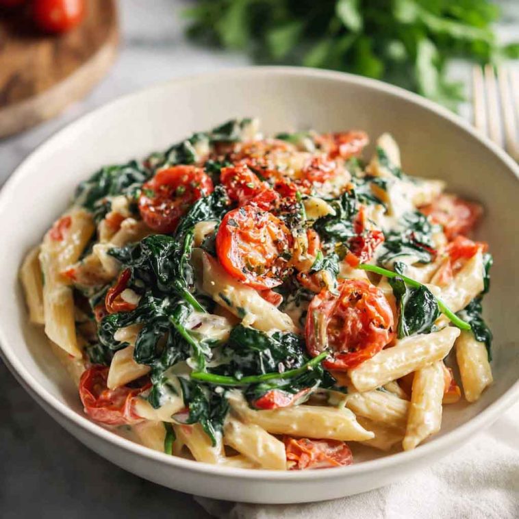 Creamy spinach tomato pasta with penne, fresh spinach, cherry tomatoes, and a rich garlic cream sauce served in a rustic bowl.