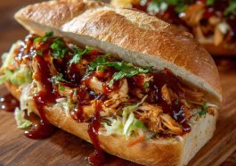 A hearty chicken chopped sandwich topped with creamy Alabama white BBQ sauce, served on a toasted bun with pickles and coleslaw.