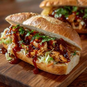 A hearty chicken chopped sandwich topped with creamy Alabama white BBQ sauce, served on a toasted bun with pickles and coleslaw.