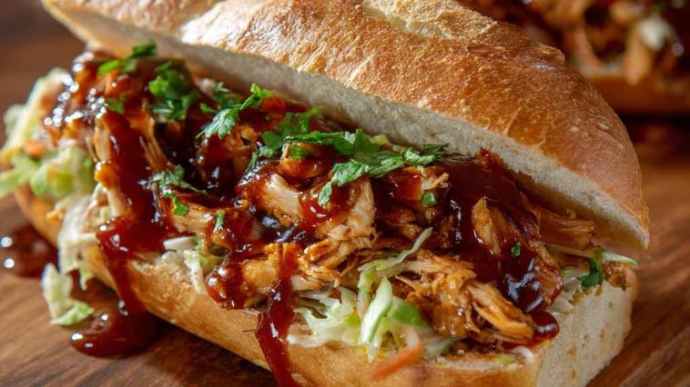 A hearty chicken chopped sandwich topped with creamy Alabama white BBQ sauce, served on a toasted bun with pickles and coleslaw.