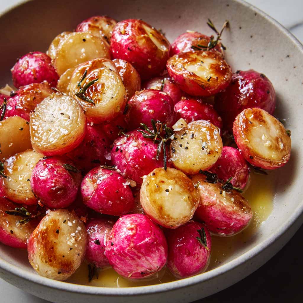 A tray of roasted radishes glistening with melted butter and sprinkled with flaky sea salt, served warm.