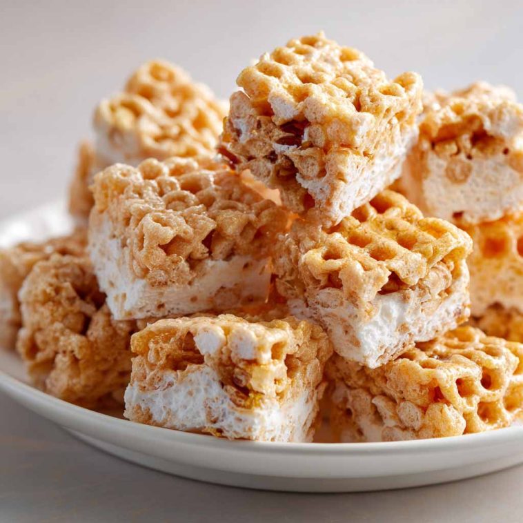 Chewy marshmallow cereal treats made with honeycomb cereal, cut into squares and stacked on a plate with a gooey texture.