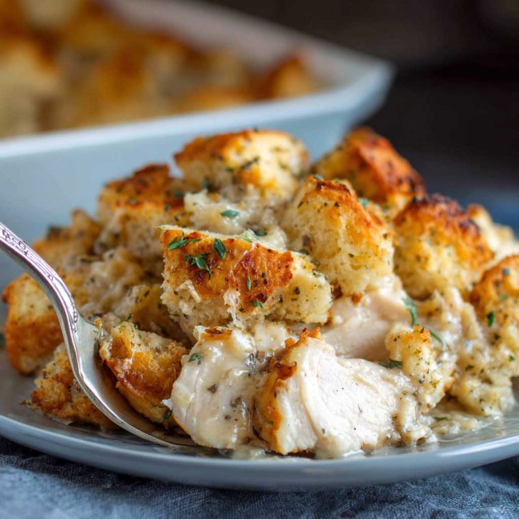 Golden baked chicken with savory stuffing, served hot in a casserole dish, garnished with fresh herbs.