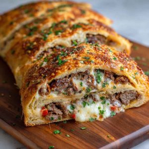 Mozzarella Cheese Steak Stromboli with golden-brown crust, filled with sliced steak, melted mozzarella, sautéed onions and peppers, served sliced on a plate.