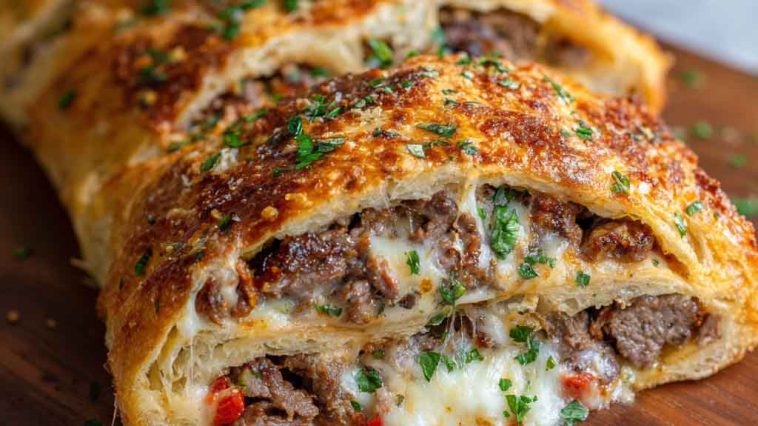 Mozzarella Cheese Steak Stromboli with golden-brown crust, filled with sliced steak, melted mozzarella, sautéed onions and peppers, served sliced on a plate.