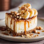 Banana Caramel Nut Cheesecake topped with caramel drizzle and crunchy nuts on a dessert plate