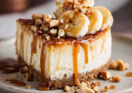 Banana Caramel Nut Cheesecake topped with caramel drizzle and crunchy nuts on a dessert plate