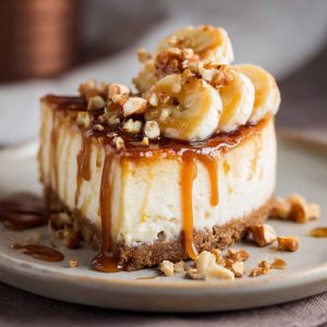 Banana Caramel Nut Cheesecake topped with caramel drizzle and crunchy nuts on a dessert plate