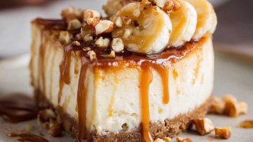 Banana Caramel Nut Cheesecake topped with caramel drizzle and crunchy nuts on a dessert plate