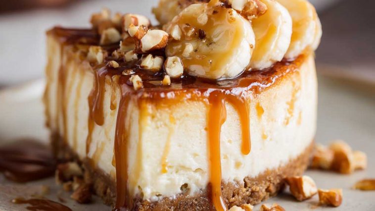 Banana Caramel Nut Cheesecake topped with caramel drizzle and crunchy nuts on a dessert plate