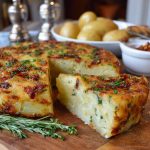 Savory German potato cake with golden crust, herbs, and sausage slices served on a rustic wooden board