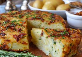 Savory German potato cake with golden crust, herbs, and sausage slices served on a rustic wooden board