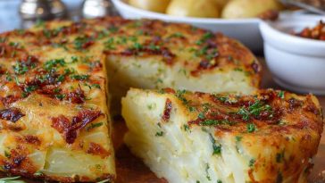 Savory German potato cake with golden crust, herbs, and sausage slices served on a rustic wooden board