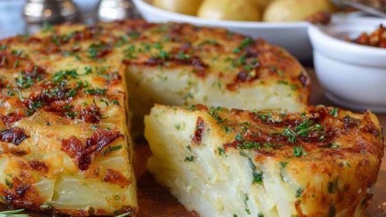 Savory German potato cake with golden crust, herbs, and sausage slices served on a rustic wooden board