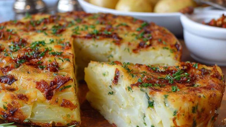 Savory German potato cake with golden crust, herbs, and sausage slices served on a rustic wooden board