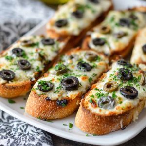 Toasted French bread topped with melted cheese, sliced olives, and herbs, served as a savory appetizer.