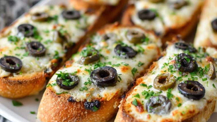 Toasted French bread topped with melted cheese, sliced olives, and herbs, served as a savory appetizer.