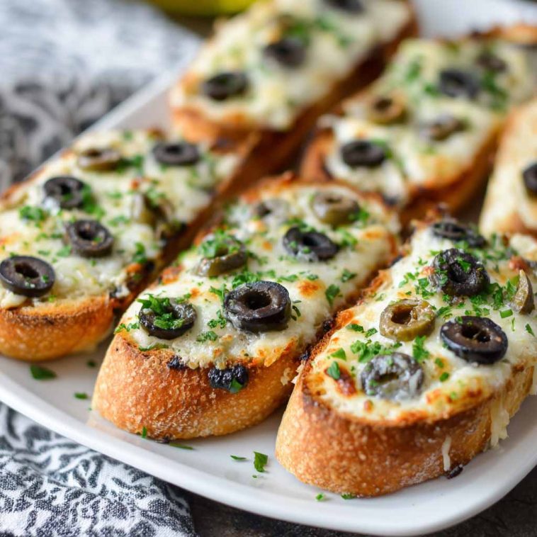 Toasted French bread topped with melted cheese, sliced olives, and herbs, served as a savory appetizer.