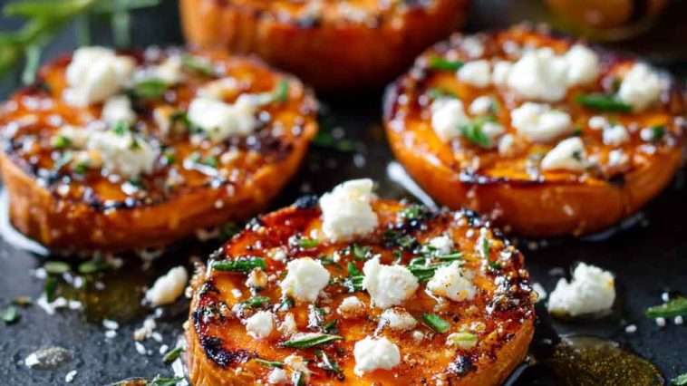 Roasted Sweet Potato Rounds with Honey & Feta Bliss drizzled with honey, sprinkled with crumbled feta, and garnished with fresh herbs.
