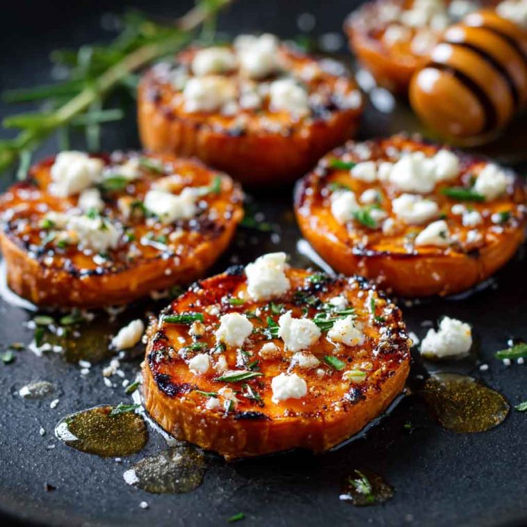 Roasted Sweet Potato Rounds with Honey & Feta Bliss drizzled with honey, sprinkled with crumbled feta, and garnished with fresh herbs.