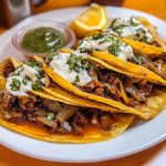 Authentic quesabirria tacos filled with tender beef birria, melted cheese, and fresh cilantro, served with a side of consommé for dipping.