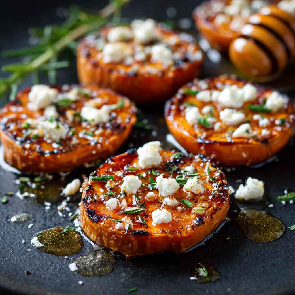 Roasted Sweet Potato Rounds with Honey & Feta Bliss drizzled with honey, sprinkled with crumbled feta, and garnished with fresh herbs.
