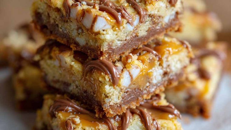 Golden cake mix toffee bars with chocolate drizzle and crunchy toffee pieces on a serving tray