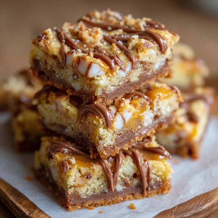 Golden cake mix toffee bars with chocolate drizzle and crunchy toffee pieces on a serving tray
