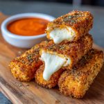 Golden crispy buffalo chicken mozzarella sticks served with ranch dipping sauce and sprinkled with fresh parsley.