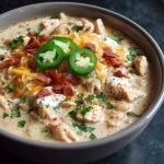 Creamy white cheddar apple chicken chili served in a bowl with melted cheese, apple slices, and fresh herbs