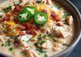 Creamy white cheddar apple chicken chili served in a bowl with melted cheese, apple slices, and fresh herbs