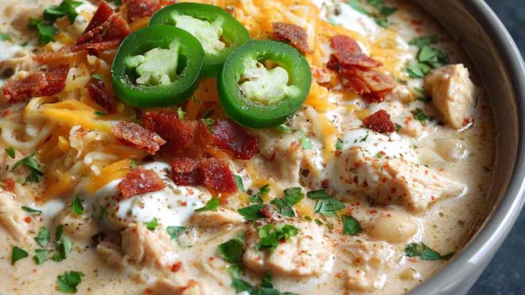 Creamy white cheddar apple chicken chili served in a bowl with melted cheese, apple slices, and fresh herbs