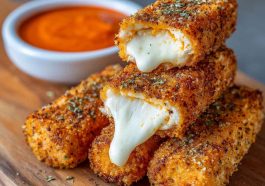 Golden crispy buffalo chicken mozzarella sticks served with ranch dipping sauce and sprinkled with fresh parsley.