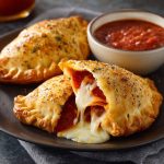 Golden Pillsbury pizza calzones on a plate with marinara dipping sauce