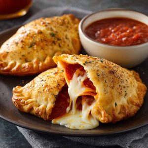 Golden Pillsbury pizza calzones on a plate with marinara dipping sauce
