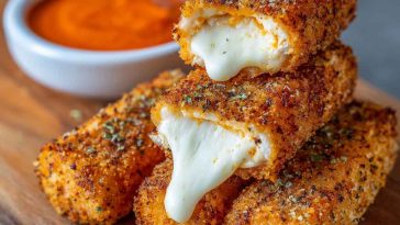 Golden crispy buffalo chicken mozzarella sticks served with ranch dipping sauce and sprinkled with fresh parsley.
