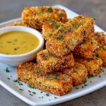 Golden honey mustard tofu tenders baked until crispy, served with dipping sauce and garnished with fresh herbs.