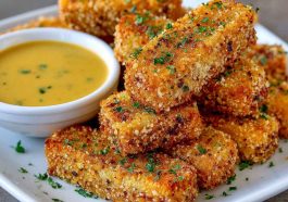 Golden honey mustard tofu tenders baked until crispy, served with dipping sauce and garnished with fresh herbs.