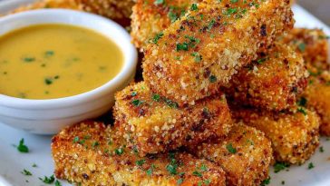 Golden honey mustard tofu tenders baked until crispy, served with dipping sauce and garnished with fresh herbs.