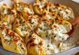 Golden baked garlic butter chicken Alfredo stuffed shells filled with creamy chicken, ricotta, and Alfredo sauce, topped with melted cheese in a casserole dish.