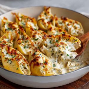 Golden baked garlic butter chicken Alfredo stuffed shells filled with creamy chicken, ricotta, and Alfredo sauce, topped with melted cheese in a casserole dish.