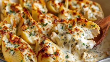 Golden baked garlic butter chicken Alfredo stuffed shells filled with creamy chicken, ricotta, and Alfredo sauce, topped with melted cheese in a casserole dish.