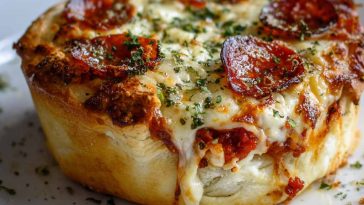 Individual pizza pot pies baked in ramekins with golden crust, filled with gooey cheese, tomato sauce, and toppings.