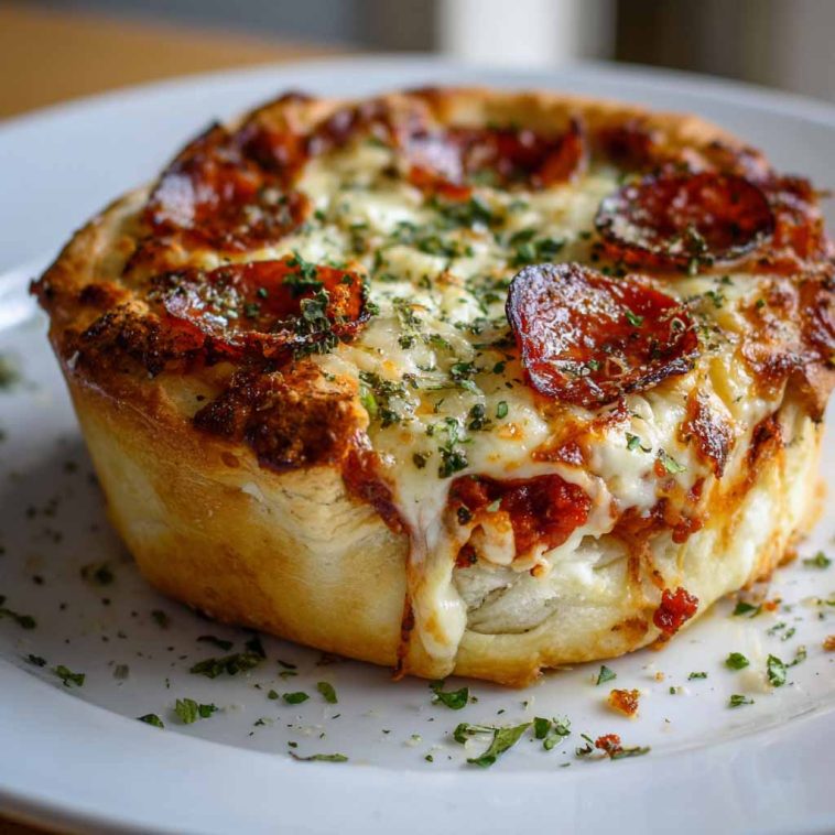 Individual pizza pot pies baked in ramekins with golden crust, filled with gooey cheese, tomato sauce, and toppings.
